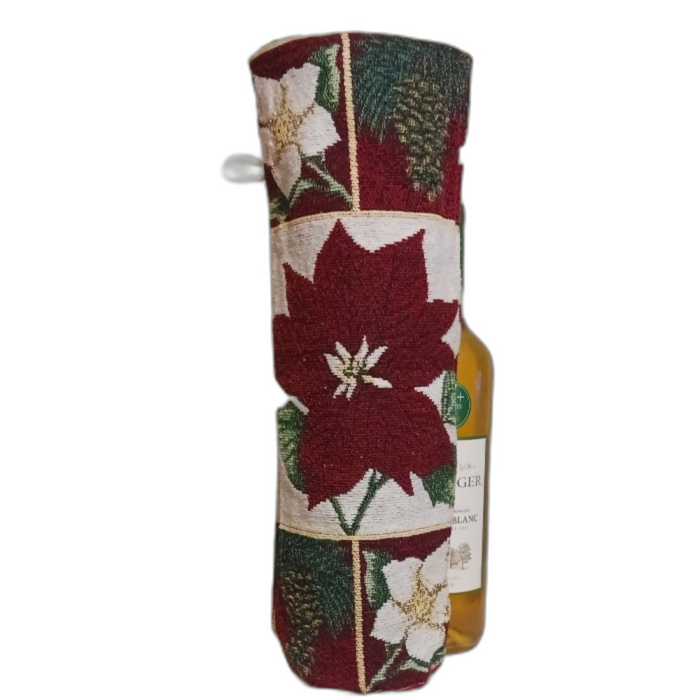Gift Wine Bottle Cover Featuring Needlepoint Style Holiday Poinsettia Design.
